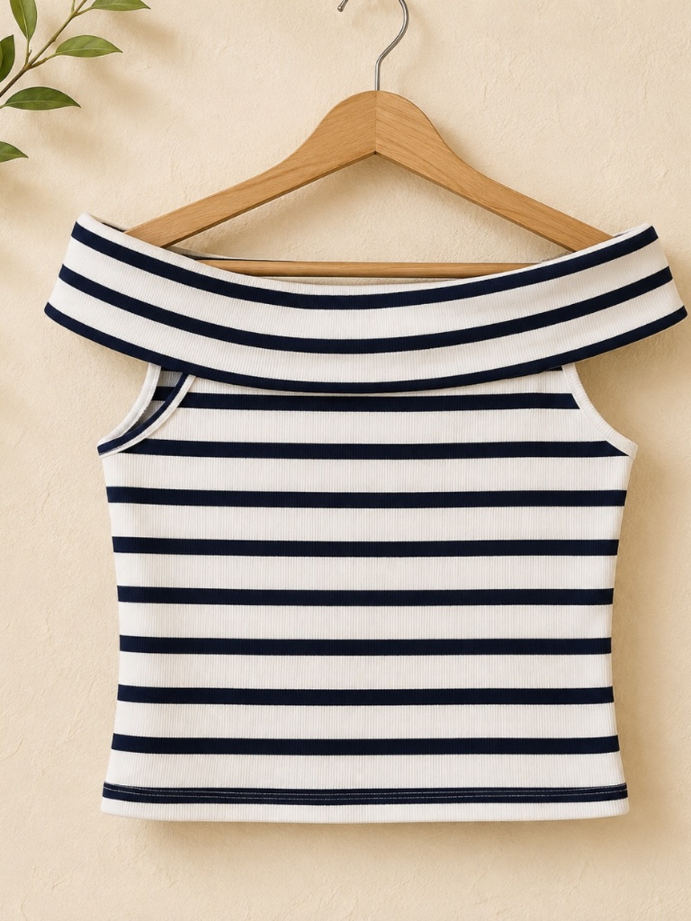 H&M navy blue and White Striped Off-Shoulder Crop Top